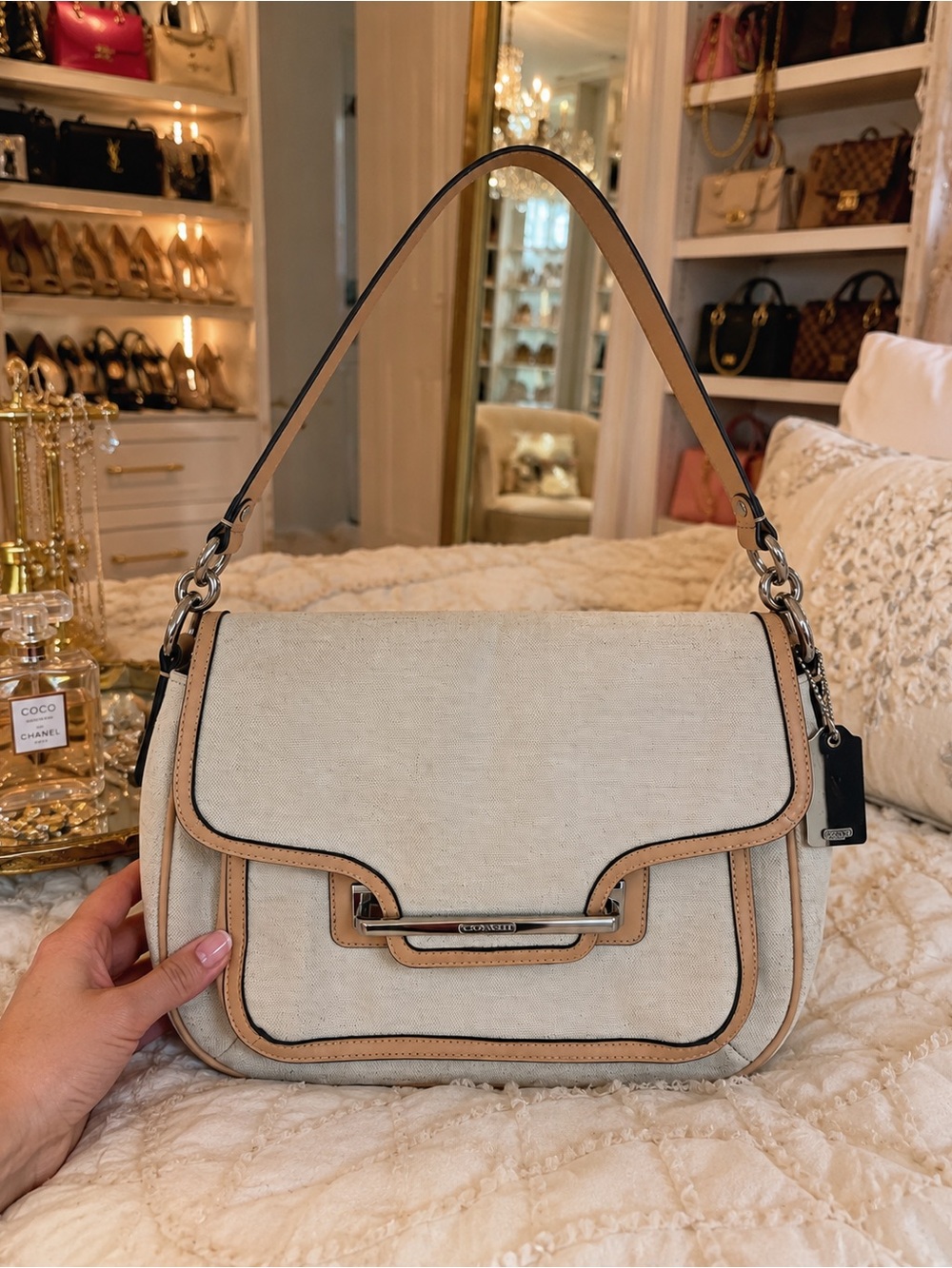 Y2K Coach Taylor Beige Canvas Tan Leather Flap Shoulder Bag
